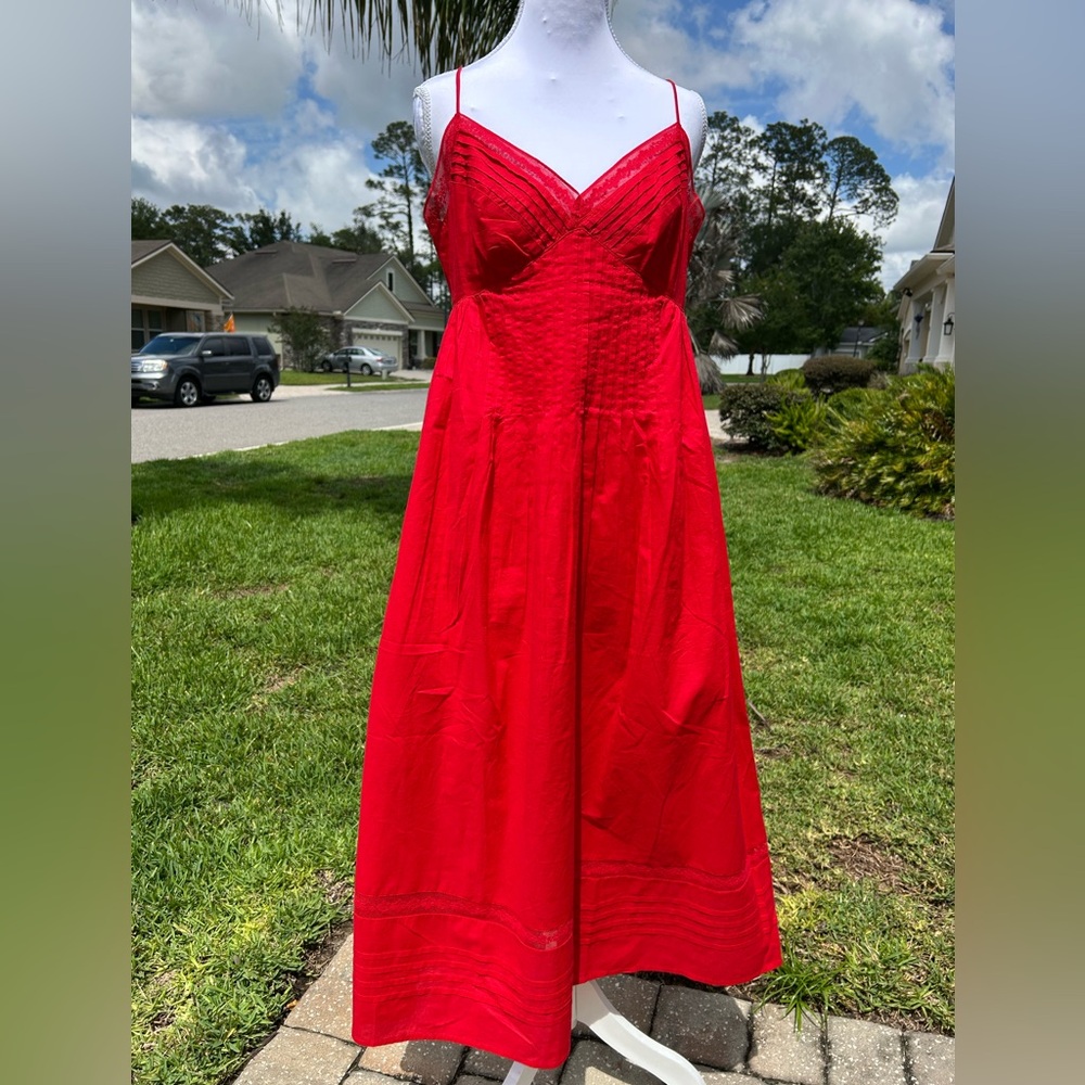 NWT🌷LOFT Strappy Lace Pintucked Midi Pocket Red Dress